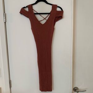 Burnt orange bandeau midi dress
